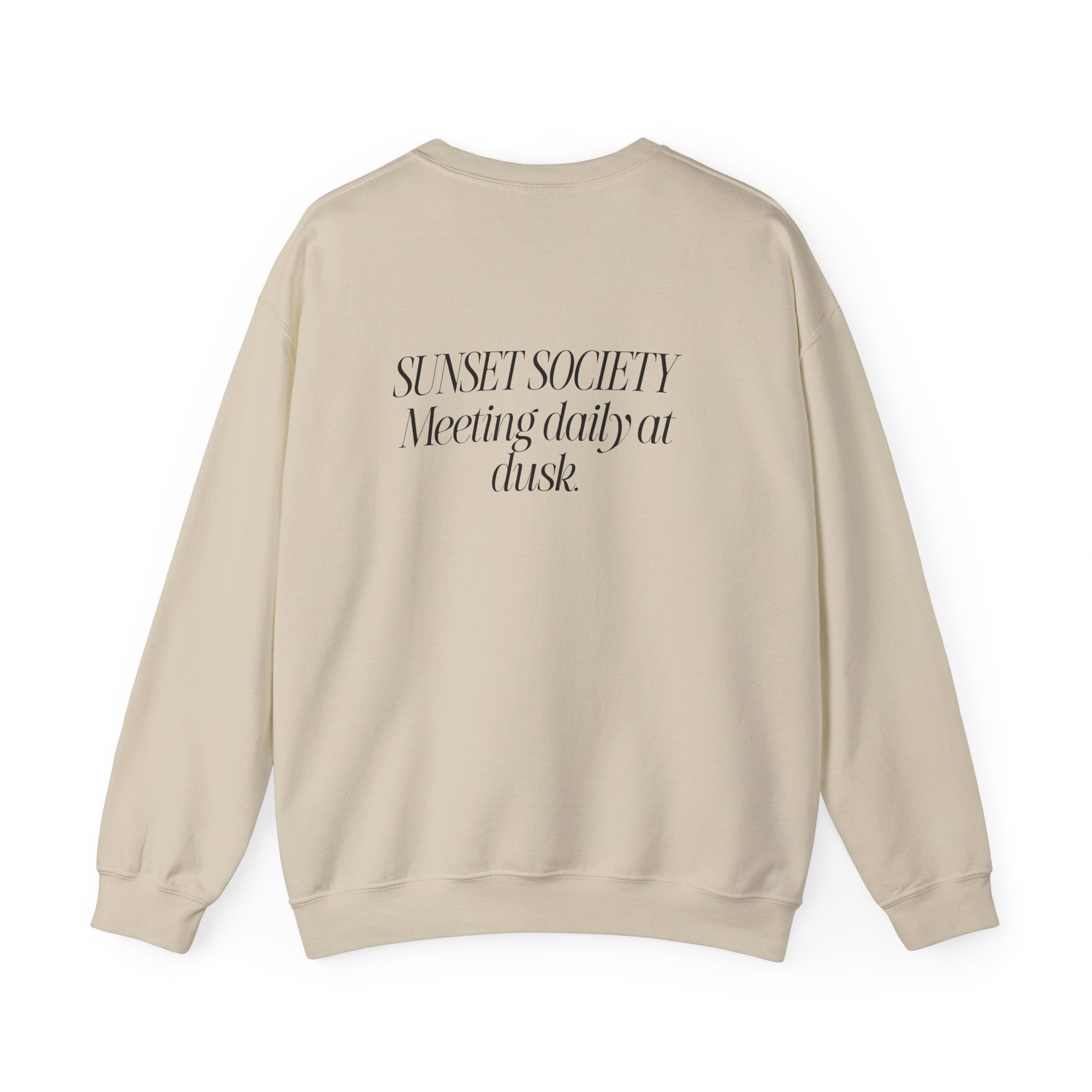 Crewneck Sweatshirt — 'Sunset Society: Meeting Daily at Dusk' Minimal Graphic