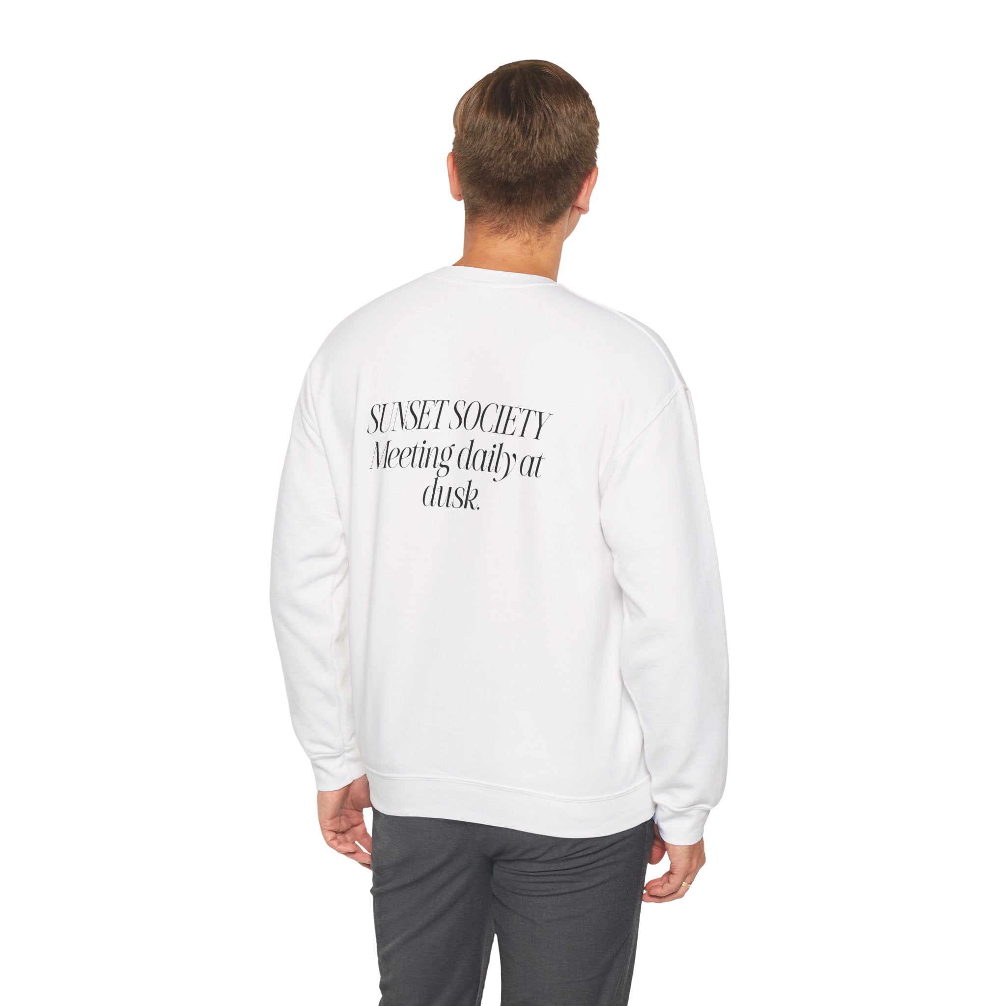 Crewneck Sweatshirt — 'Sunset Society: Meeting Daily at Dusk' Minimal Graphic