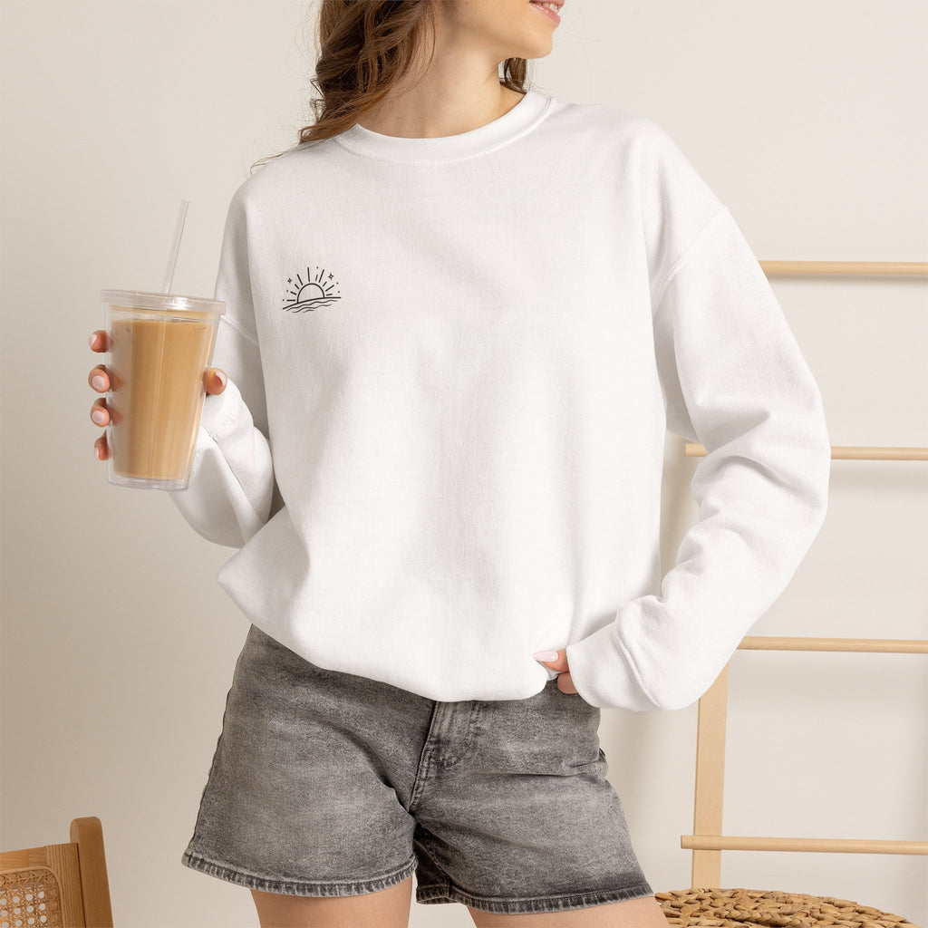 Crewneck Sweatshirt — 'Sunset Society: Meeting Daily at Dusk' Minimal Graphic