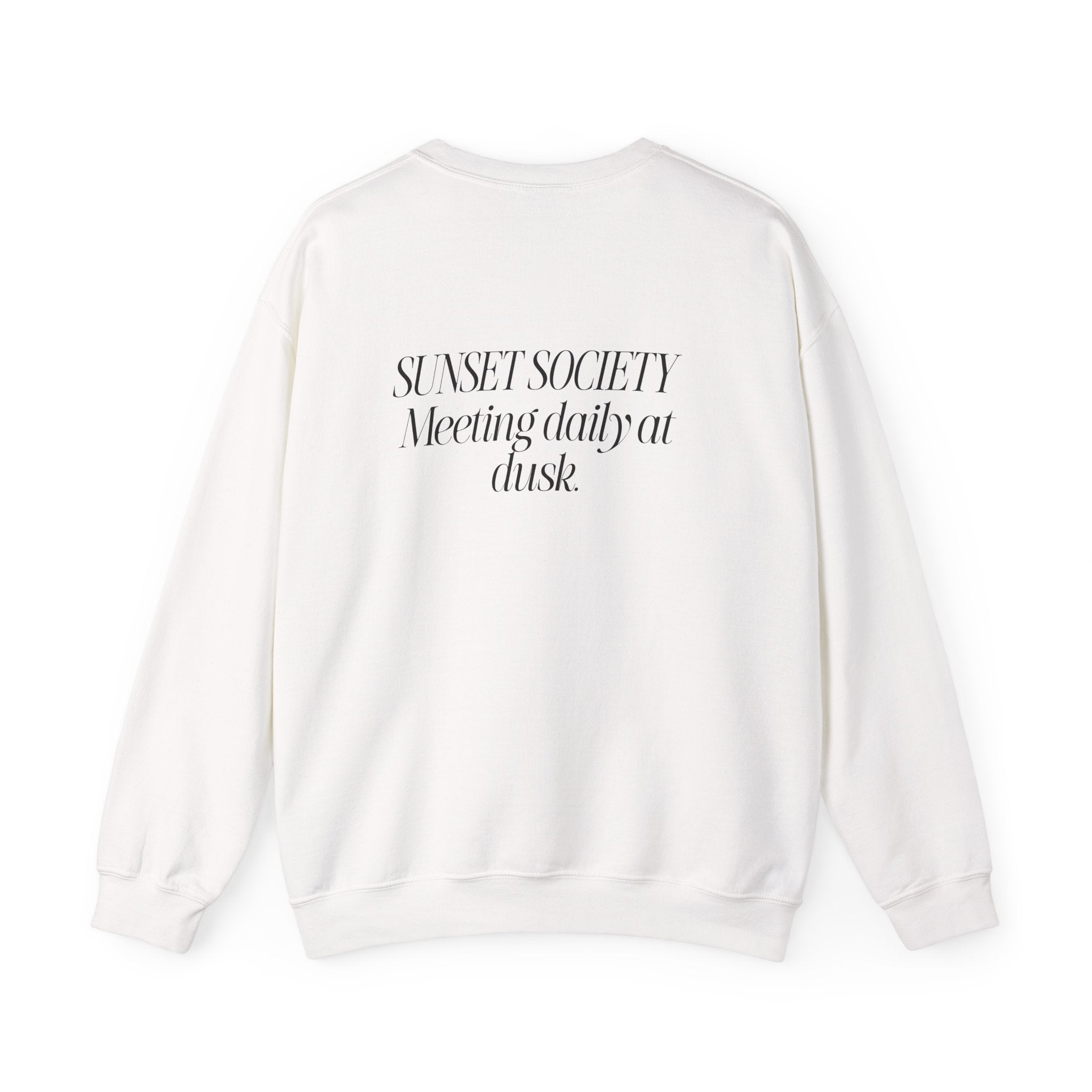 Crewneck Sweatshirt — 'Sunset Society: Meeting Daily at Dusk' Minimal Graphic